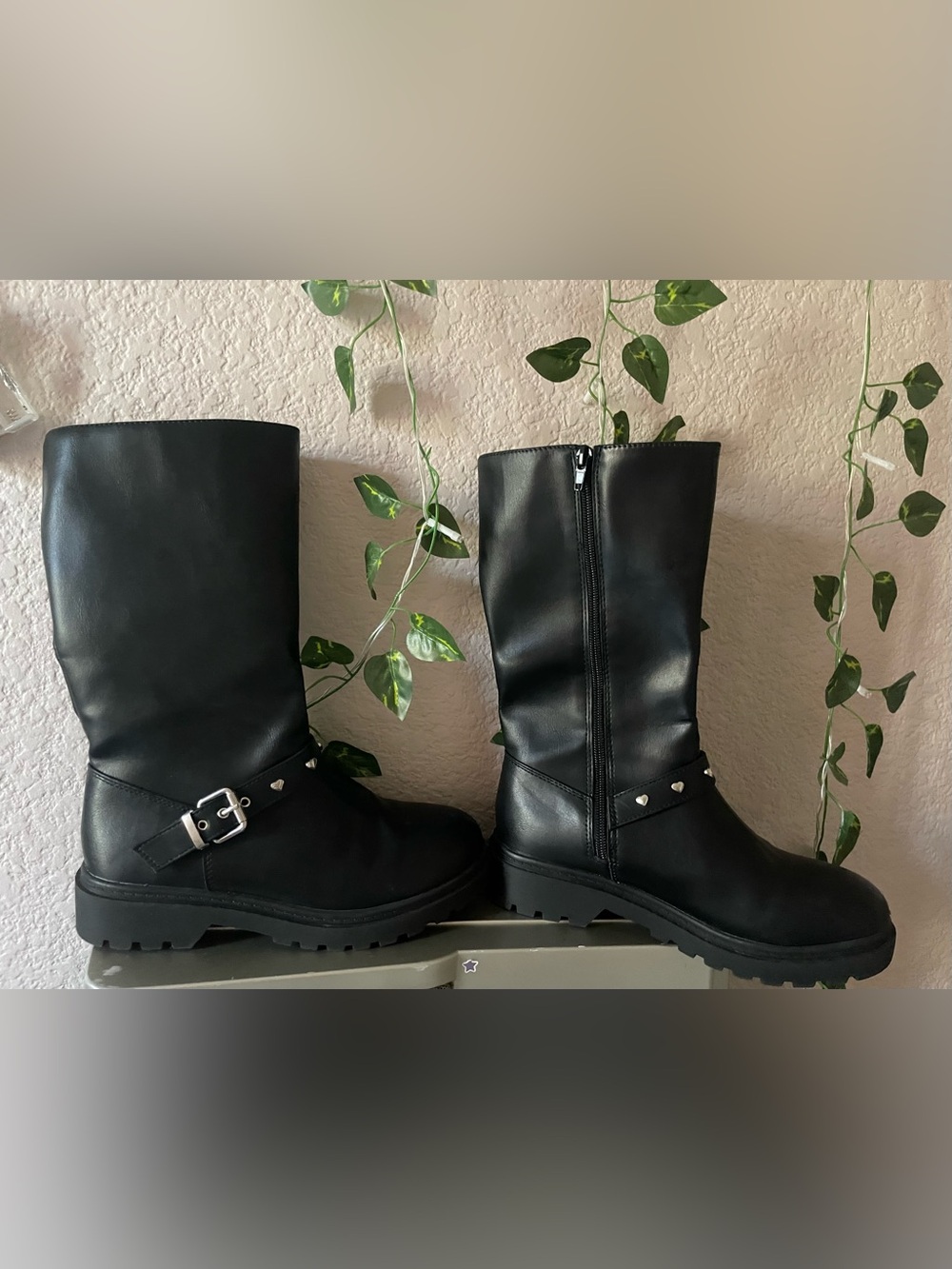 Self Esteem Black Mid-Calf Buckle Combat Boots